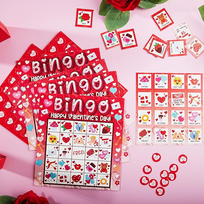 JOYIN 28 Players Valentine's Day Bingo Card for Kids and Adults, for Family/School Classroom Large Group, Party, Treats, Game