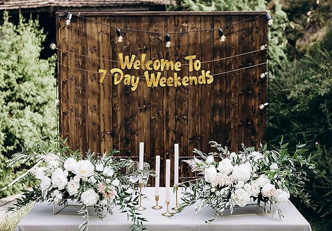 Pre-Strung Welcome To 7 Day Weekends Gold Glitter Banner - Retirement Decorations for Men and Women - Retirement Party Supplies and Gifts