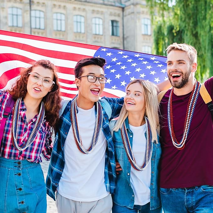 4th of July Accessories, 15PCS 4th of July Bead Necklaces, Metallic Patriotic Independence Day Red Blue White Necklace, Necklace for Memorial Day Patriotic Parades Party Favors Supplies