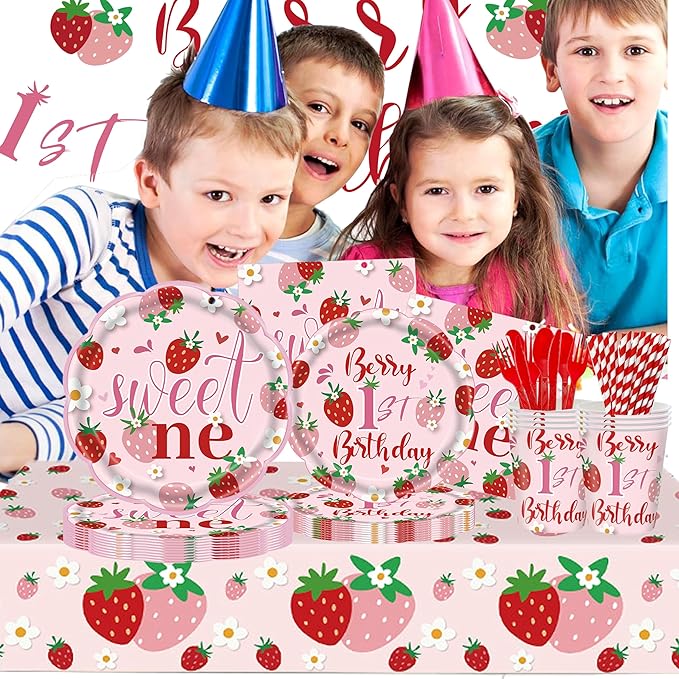 Berry First Birthday Decor, 194Pcs Strawberry Party Supplies Serves 24 Guests Includes Plates, Cutlery, Cups, Napkins, Tablecloth & Banner
