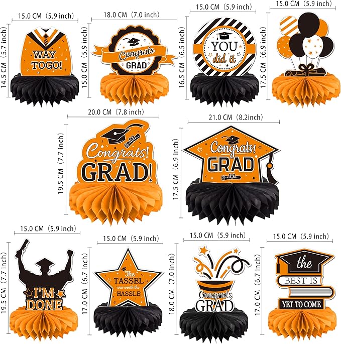 10PCS Graduation Decorations Class of 2025 Centerpieces, Congrats Grad Honeycomb Table Toppers for Graduation Party Favors, 2026 Graduation Party Decorations (10PCS, Orange & Black)
