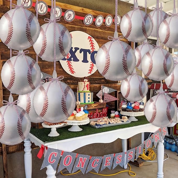 36 Pcs Baseball Balloons, 18 Inch Baseball Metallic Foil Balloons with Ribbons, Sports Party Decorations for Senior Night Birthday Baby Shower Party Supplies