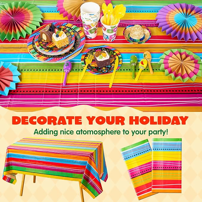 JOYIN 2 pcs Cinco De Mayo Printed Plastic Tablecover (54 x 108 INCHES), Multi Color Fiesta Style Tablecloth for Mexican Themed Party, Taco Night, Birthday