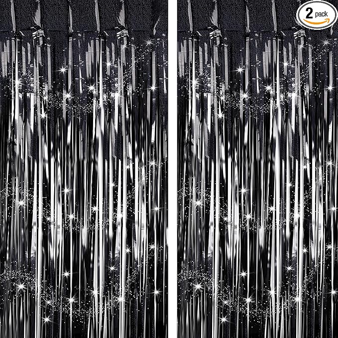 Black Backdrops Curtains Party Decorations, Tinsel Streamers Birthday Decoration for 30th Her Him, Photo Booth Props for Graduation, Wedding, 2Pack 3.28X8.2Ft