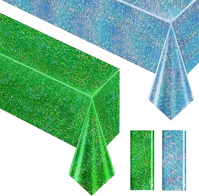 Sparkling Holographic Laser Tablecloth - Shimmering, Waterproof, Easy to Clean - Ideal for Bachelorette, Birthday, Wedding, and Anniversary Party Decorations (Blue & Green, 2)