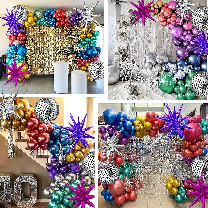 161pcs Shiny Chrome Balloon Garland Arch Kit Retro Disco Dance Party Decorations with 4D Disco Ball Balloons and Explosion Star Foil Balloons for 80s 90s Theme Neon Birthday Galaxy Supplies