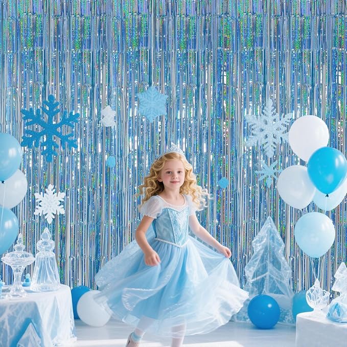 Light Blue Metallic Streamer Backdrop with Glitter Tinsel,3.28 x 6.56ft Foil Fringe Curtains for Gender Reveal & Ocean Theme Wall Hanging Party Supplies, Birthday/Wedding/Photoshoot