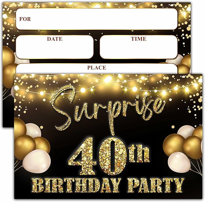 YSTEP 40th Birthday Party Invitations, 20 Black Gold Invite Cards with Envelopes, 4"x6" Foil Balloon Birthday Invites - B08