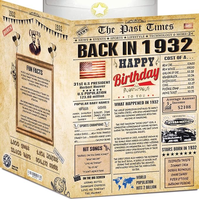 94th Birthday Card for Women Men - Back In 1932 Newspaper - 94th Happy BIRTHDAY card - 94th birthday gift for Her Him - JUMBO size - 94th birthday decorations Dad Mom - Best gifts for 94 year old
