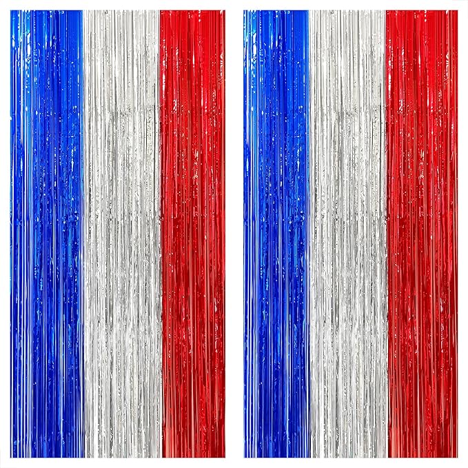 KatchOn, Red White and Blue Streamers - Xtralarge, 8x6.4 Feet, Pack of 2 | Red White And Blue Fringe Curtain for White Trash Party Decorations