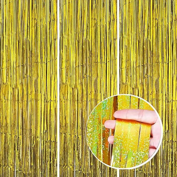 3 Pack Foil Curtain Backdrop 3.3x6.6 ft Tinsel Fringe Curtains for Parties Metallic Streamers Photo Booth Props,Wedding & Birthday,Holiday Decorations Disco,Bachelorette,Door Hanging Decor (Golden)