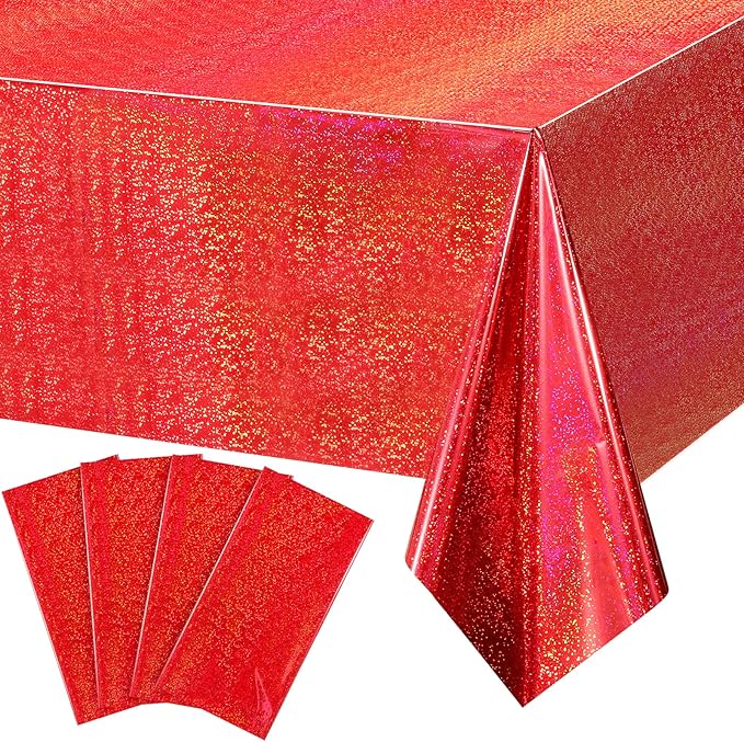 4Pack Iridescence Red Plastic Tablecloths Shiny Disposable Laser Rectangle Table Covers Holographic Foil Tablecloth Iridescent Party Decoration Birthday Bridal Christmas Lunar New Year 54" x 108"(Red)