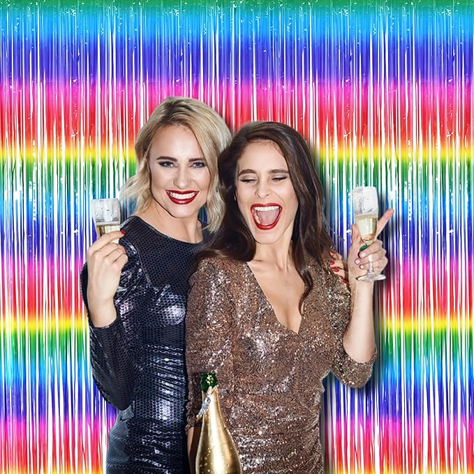 BRAVESHINE Tinsel Foil Curtains - 2 Pack Colorful Party Streamers Fringe Backdrop for Valentines/Easter/Doorway/80s/90s/Dance/Bachelorette/Engagement/Rainbows-theme/Candy/Birthdays Decorations