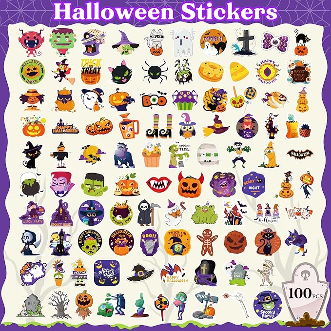 OHOME Halloween Stickers | 100 PCS Halloween Party Favors - Halloween Games Toys Gifts Party Supplies - Crafts Accessories Treats Bulk for Classroom