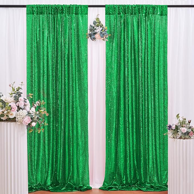 B-COOL Green Sequin Backdrop Curtain Sparkly Drapes 2 Panels 2ftx8ft for Shimmer Emerald Green Curtain Birthday Party Backdrop Decorations