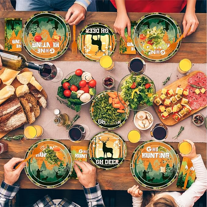96 Pcs Hunting Camo Party Paper Plates Napkins, Oh Deer Baby Shower Birthday Party Decorations Supplies Disposable Dinnerware Tableware for Boys, Serves 24