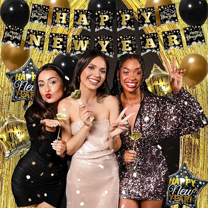 Happy New Year Decorations 2026 Set, Glitter Happy New Year Banner, Gold Fringe Curtain Backdrop Paper Fans New Year Balloons for New Years Eve Party Supplies 2026