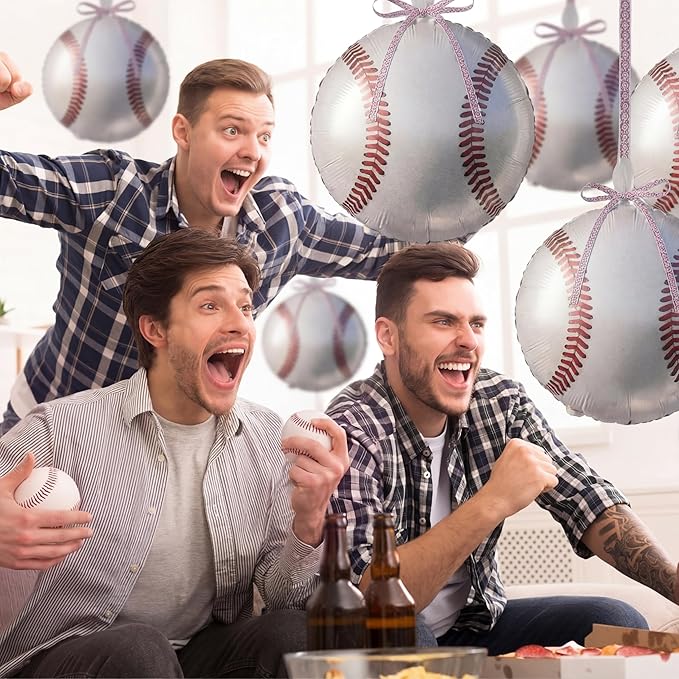 36 Pcs Baseball Balloons, 18 Inch Baseball Metallic Foil Balloons with Ribbons, Sports Party Decorations for Senior Night Birthday Baby Shower Party Supplies