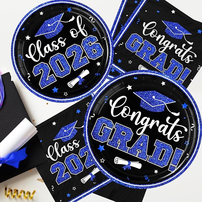 Black and Blue Graduation Decorations 2026,200pcs Blue Graduation Plates and Napkins Congrats Grad Class Of 2026 Plates and Napkins for Graduation Party Supplies ,Serve 50