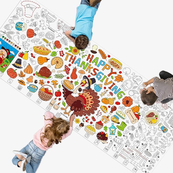 Thanksgiving Coloring Poster, Large Coloring Activity Paper 75” x 31” Jumbo Size Versatile Paper DIY Painting Drawing Banner/Tablecloth for School, Autumn Theme Parties, Wall Decor