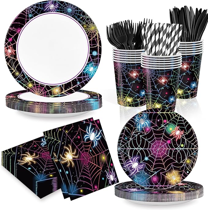 168PCS Halloween Spider Web Party Supplies for Kids Neon Spider Party Decorations Happy Halloween Holiday Themed Plates and Napkins Tableware Birthday Baby Shower Decor Serve 24 Guests