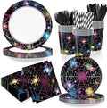 168PCS Halloween Spider Web Party Supplies for Kids Neon Spider Party Decorations Happy Halloween Holiday Themed Plates and Napkins Tableware Birthday Baby Shower Decor Serve 24 Guests