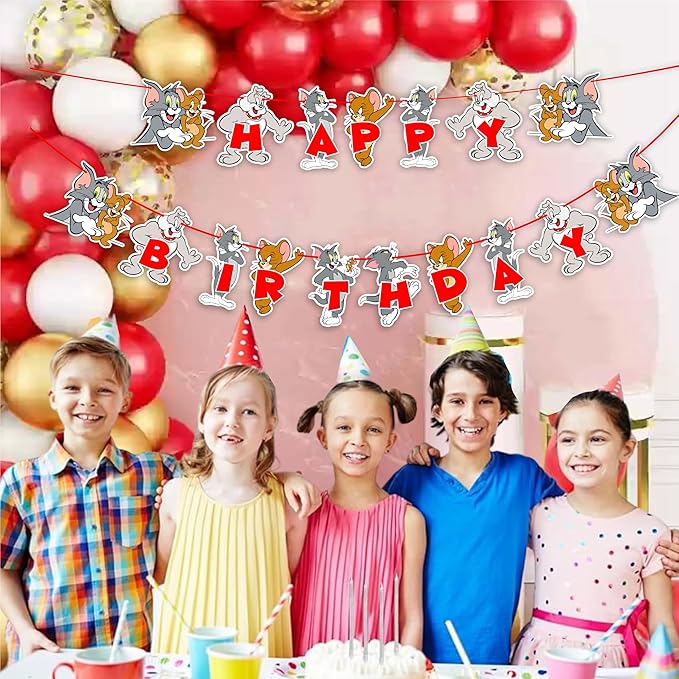 "Tom & Jery Happy Birthday Banner – Classic Cartoon Theme Party Decoration – Fun & Colorful Hanging Banner for Birthday Party Supplies – Cartoon Character Birthday Décor for Boys & Girls"