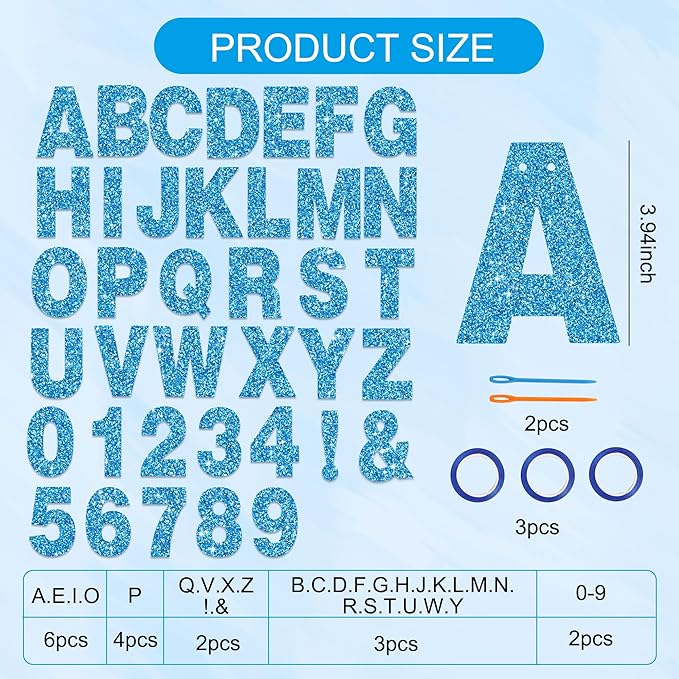 BEISHIDA 116 PCS A-Z DIY Letter Banner Kit Make Your Own Banner Glitter Sky Blue Including 111 Letters and Numbers 3 Rope and 2 Threading Device,Customized for Birthday Graduation Wedding Party Decor