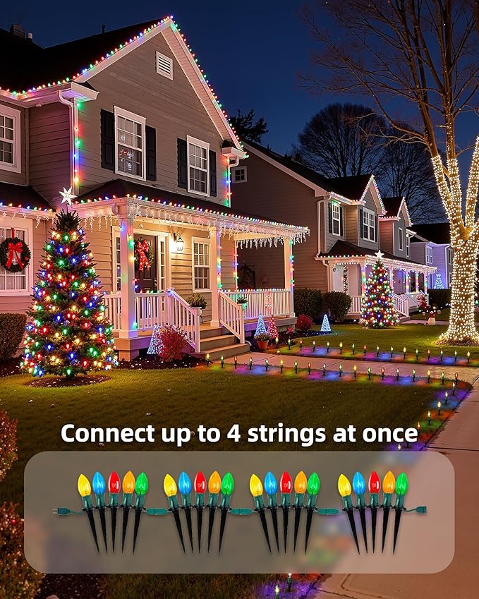 Christmas Pathway Lights Outdoor, 102.8 Ft Driveway Christmas Lights with 80 Multicolor Bulbs and Stakes, Connectable Outdoor Decorations Yard Walkway Sidewalk Holiday, Multicolor