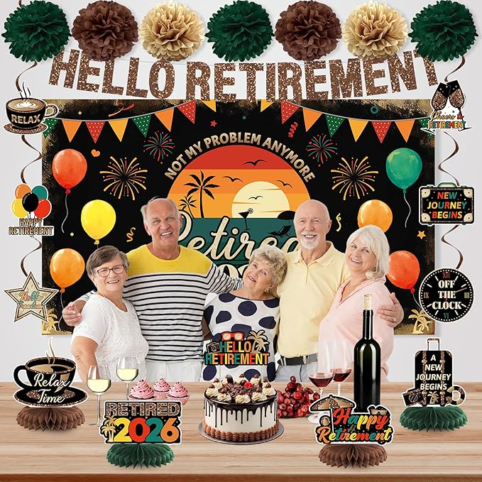 Holkcog Retirement Party Decoration, Vintage 2026 Retired Banner Background, Hello Retirement Honeycomb Centerpieces Hanging Swirls Cake Top, Office 2026 Retired Farewell Good Luck Goddbye Party Decor