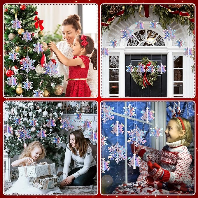 JULMELON 18PCS Christmas Hanging Snowflakes Decorations, 3D Holographic Paper Snowflakes Iridescent Snow Flakes Frozen Winter Wonderland Decorations for Christmas New Year's Birthdays Winter Parties