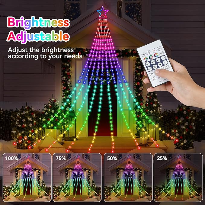 Christmas Decoration RGB String Lights, Outdoor Color Changing Christmas Lights 320 LED 16.4 Ft Star Tree Topper Fairy String Light with 8 Light Modes for Xmas New Year Holiday Garden Yard