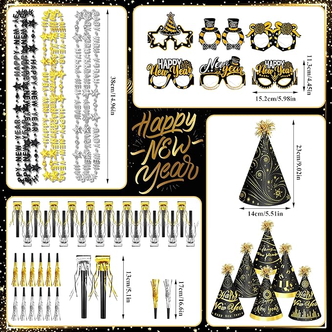 51 PCS New Year’s Eve Party Supplies 2026 Including Happy New Year Hats, Necklaces, Eyeglasses and Fringe Blowers for New Year's Eve Party Favors (Glasses)