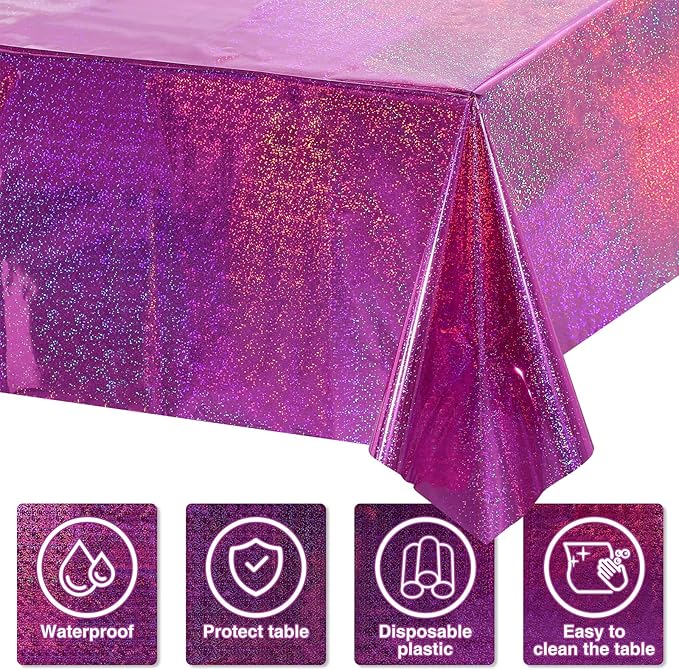 8 Pack Iridescence Plastic Tablecloths Shiny Disposable Laser Rectangle Table Covers Holographic Foil Tablecloth Iridescent Kpop Birthday Bridal Wedding Party Decoration, 54" x 108"(Pink & Purple)
