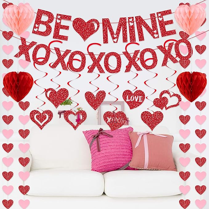 Pre-Strung Valentines Day Decorations, Red BE Mine XO Valentine's Banner,Heart Garlands & Hanging Swirls & Heart Honeycomb for Party Supplies, Valentines Decor Home Anniversary Wedding Bedroom