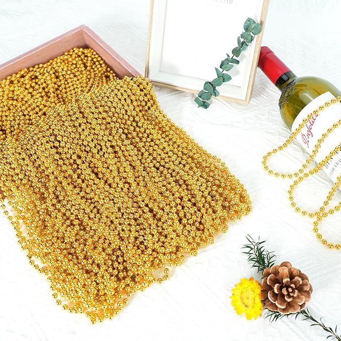 SHAOQINLIN 144 PCS Gold Mardi Gras Beads, Christmas Necklaces, Golden Bead Necklace, 33'' Metallic Gold Party Beads for Mardi Gras, Christmas, New Year's Day, Carnival Party Favors