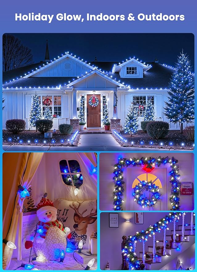 C9 LED Christmas Lights Outdoor with stakes, 25.7ft 20 LED Strawberry String Lights, Connectable Shatterproof Pathway Lights Marker for Path, Lane, Patio, Xmas Holiday Decorations, Blue and White