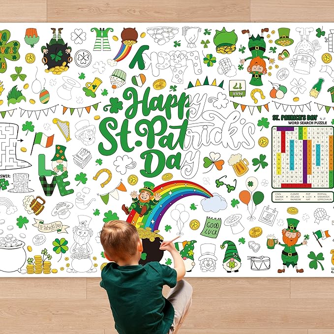 QZYL 54" x 108" Coloring St Patricks Day Crafts, Giant Coloring Table Cloth for Kids, Painting Poster Art Activities Banner Disposable St Patrick's Day Crafts for Home Classroom St Paddys Decorations