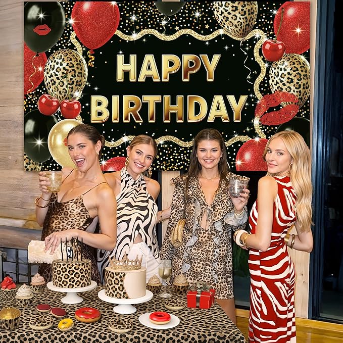 Leopard Happy Birthday Backdrop 5 x 3 Ft Cheetah Print Birthday Decorations Backdrop Banner with Cheetah Balloons Print, Red Leopard Party Decorations for Wall, Photography Background