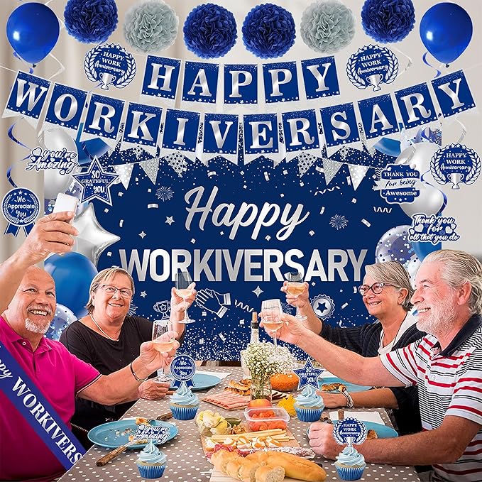 DARUNAXY Happy Workiversary Party Decorations for Men Women, Blue Silver Happy Work Anniversary Banner Cake Topper Hanging Swirl Confetti Balloons Decor Set for Employee Office Party Supplies(31PC)
