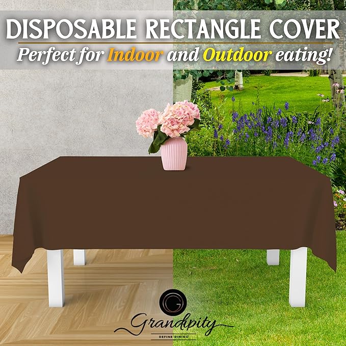 Grandipity 12 Pack Premium Disposable Plastic Tablecloth 54 Inch. x 108 Inch. Decorative Rectangle Table Cover - Brown
