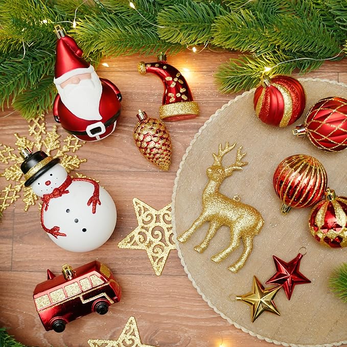 Alupssuc 100 Pcs Christmas Ball Ornaments Set, Santa Claus and Snowman Christmas Decoration Baubles for Indoor Outdoor Holiday Wedding Party Decoration Tree with Hanging Rope, Red & Gold