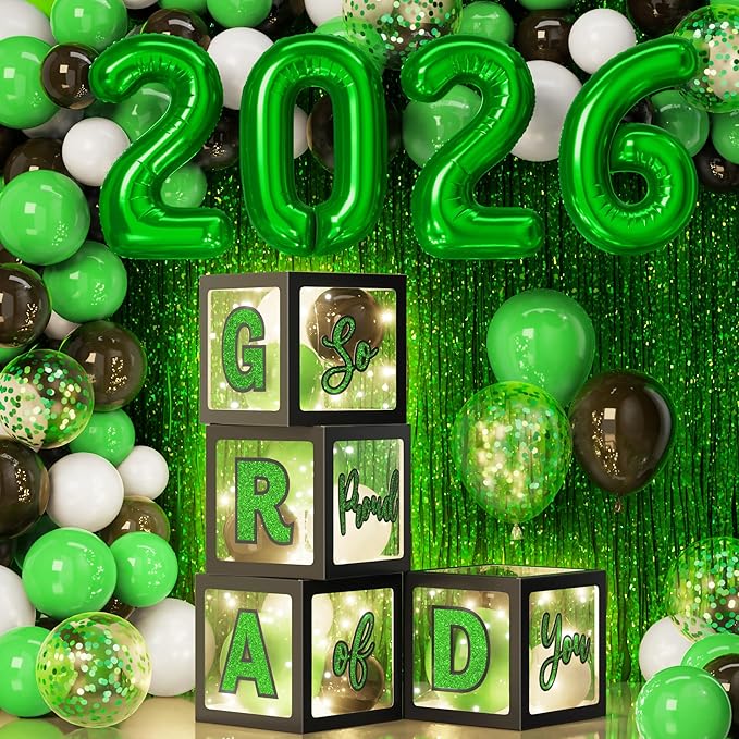 Graduation Party Decoration Class of 2026, 86PCS Green & Black Graduation Party Supplies High School College Grad Balloon Boxes with Letter, Foil Curtain, LED String Light, Balloon Garland Kit