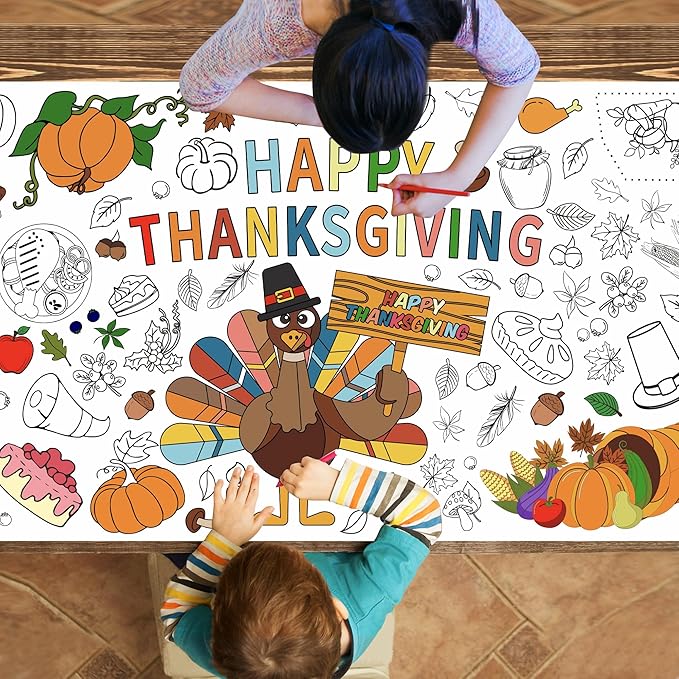 Thanksgiving Coloring Posters,Fall Turkey Coloring Paper Tablecloth for Thanksgiving Decorations Party Home Activity Supplies,30 x 72 Inch