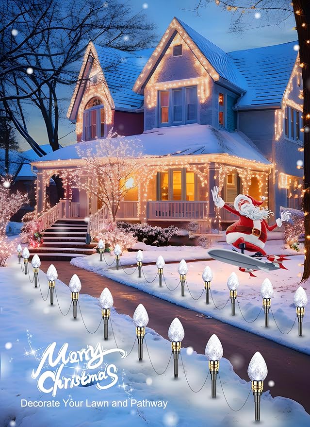 Brightown 2 Pack Strawberry C9 Christmas Pathway Lights Outdoor - Total 34.8 Feet 20 LED Christmas Walkway Light, Christma Light Outdoor Decorations for Yard Lawn Holiday Outside, Pure White
