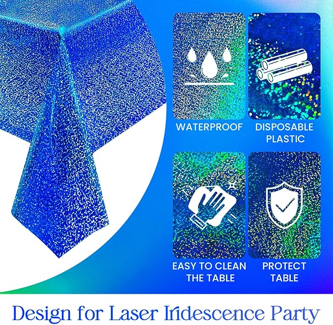 Sparkling Holographic Laser Tablecloth - Shimmering, Waterproof, Easy to Clean - Ideal for Bachelorette, Birthday, Wedding, and Anniversary Party Decorations (Dark Blue & Gold, 2)