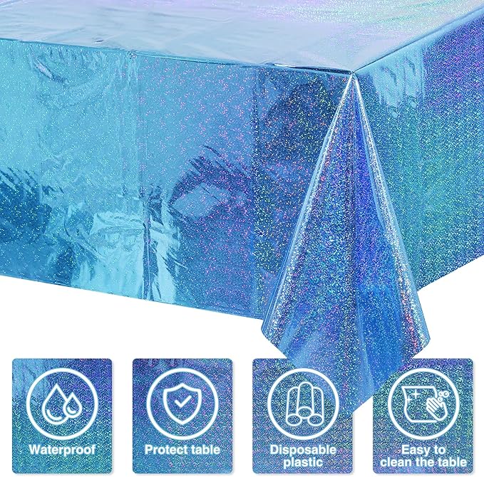 4 Pack Iridescence Plastic Tablecloths Shiny Disposable Laser Rectangle Table Covers Holographic Foil Tablecloth Iridescent Party Decoration Birthday Bridal Wedding Christmas 54" x 108" (Blue)
