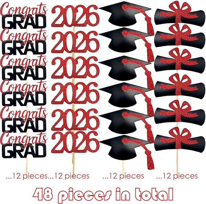2026 Graduation Cupcake Toppers, 48 PCS Food/Appetizer Picks For Graduation Party Mini Cake Decorations, Diploma, 2026, Grad Cap Set 48 Pieces (03 Red)
