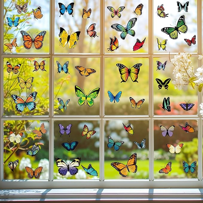 79PCS Colorful Butterfly Window Clings, Butterfly Decorations, Double Sided Window Decals to Prevent Bird Strikes, Multi Patterns Colors Butters Stickers for Home Decor Glass Door