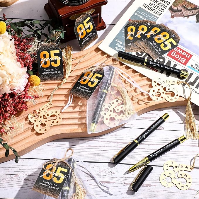 Spakon 25 Set 85th Birthday Party Favor for Guest Anniversary Party Favor Golden Birthday Bookmark Thanks for Coming Pen with Tag Appreciation Gifts for Women Men Wedding New Year